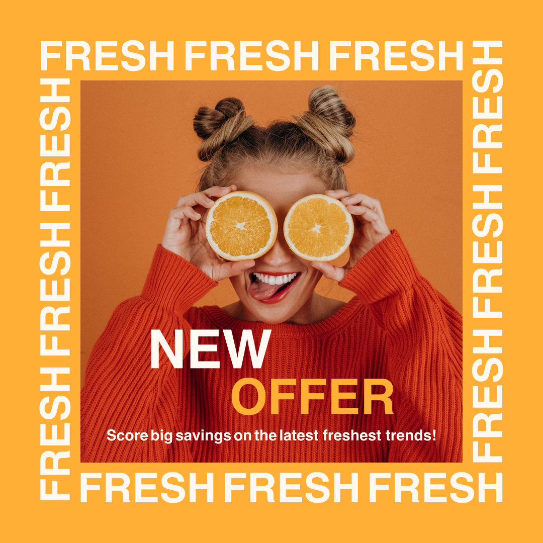 Instagram post template on orange background and a girl with two oranges in the hands