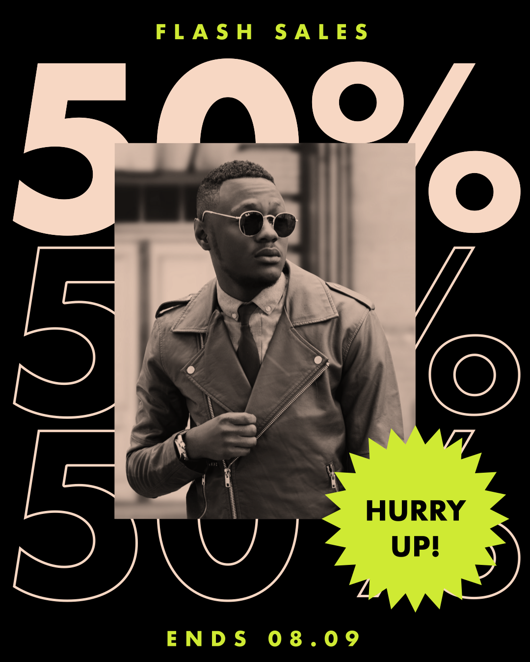 Elegant animated instagram post with photo of a model in center, bold patterned text “50%” on the background, with neon green sticker on the side