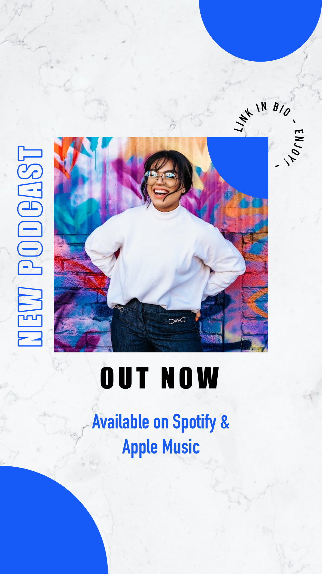An instagram story template on a white background with two blue circles and a smiling woman in the middle