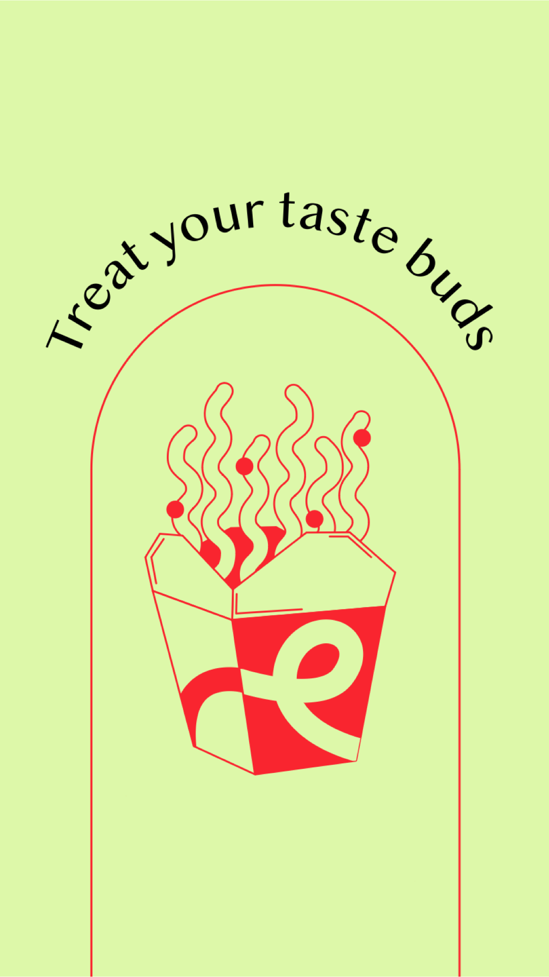 Vector illustration of a red chinese noodles on a neon green background, with stars flying around, simple arched text