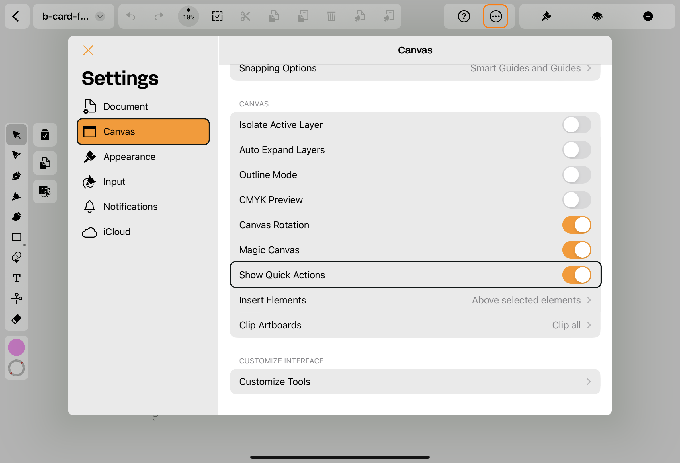 quick actions bar
