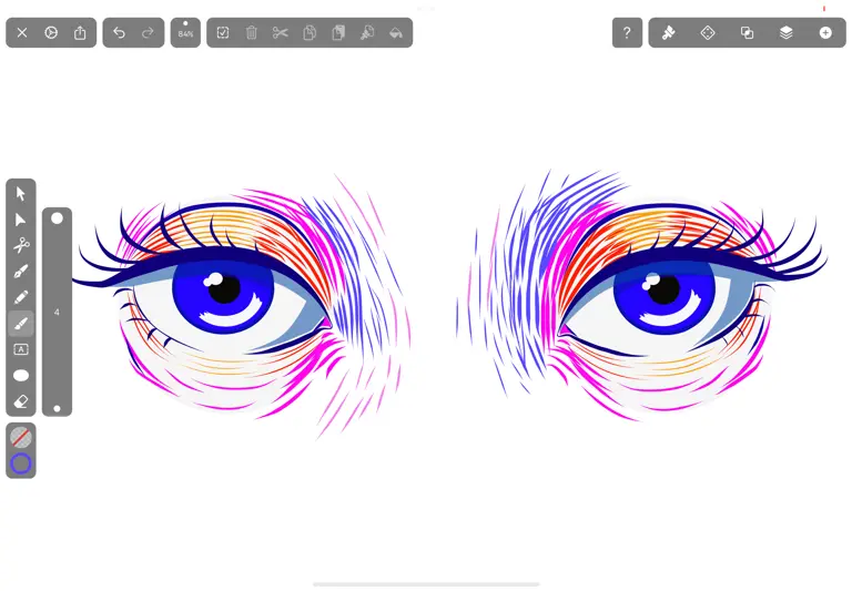 Pair of digital eyes with multicolored lashes in design software