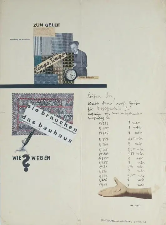 Vintage Bauhaus collage with text, images, and handwritten notes.