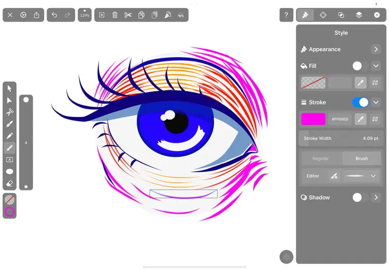 Graphic design of an eye with colorful eyelashes in a drawing app