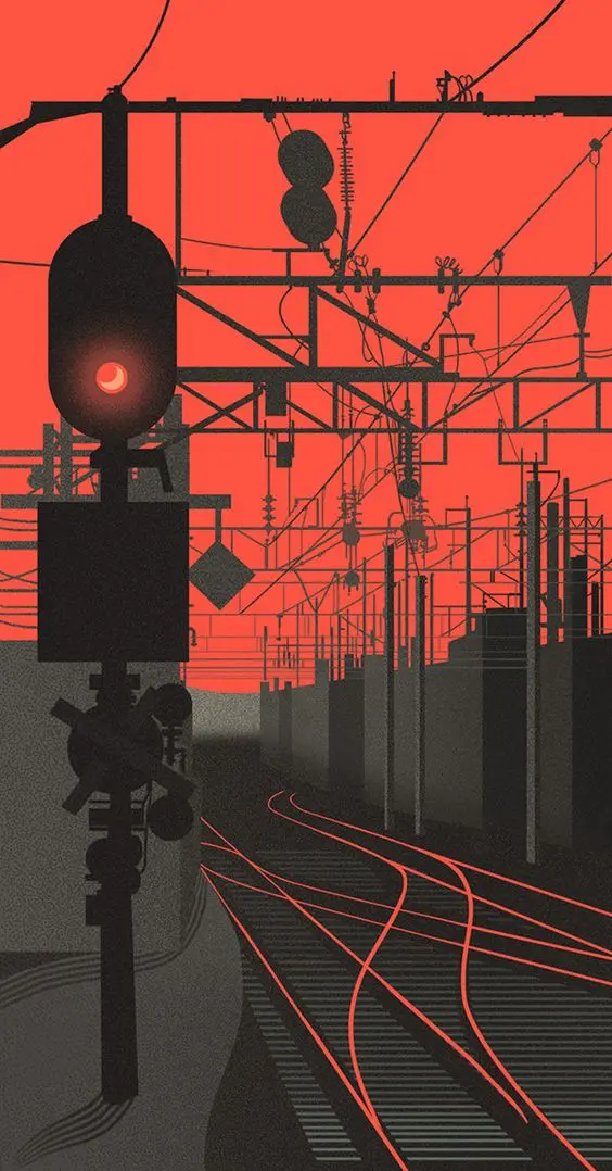 Stylized red and black illustration of railway tracks with signal lights and overhead wires