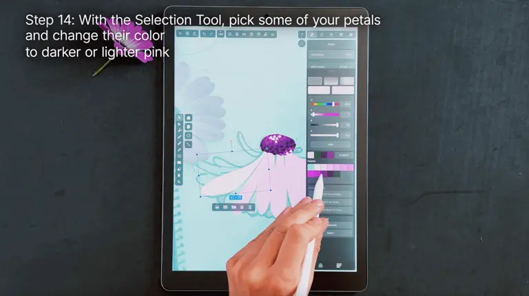 The image displays a tablet screen with a graphic app open, where the user is selecting and altering the color of digital flower petals to various shades of pink.