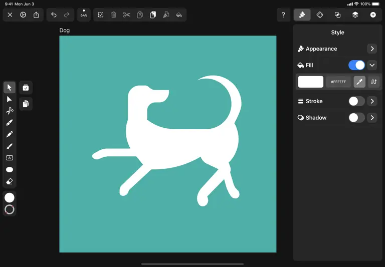 A drawing of a basic dog shape inside the Vectornator app