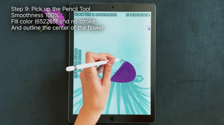 Hand using Pencil Tool on a tablet to draw on a flower illustration