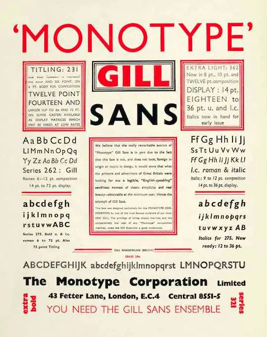 Type specimen for Gill Sans.