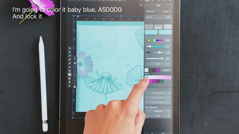 Hand selecting a color on a digital drawing tablet with a flower sketch displayed